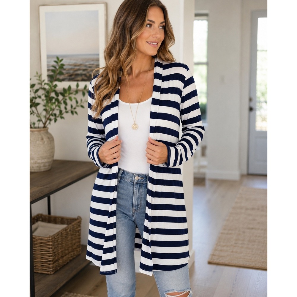 Lexington Avenue Striped Cardigan Womens L Navy Rayon Duster Open Front Nautical